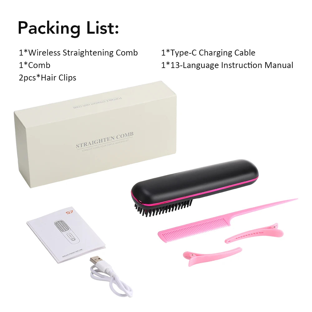 Cordless Hair Straightener Brush 3 Temperature Electric Negative Ions Ceramic Anti-Scald Heated Comb Hair Styling Tools