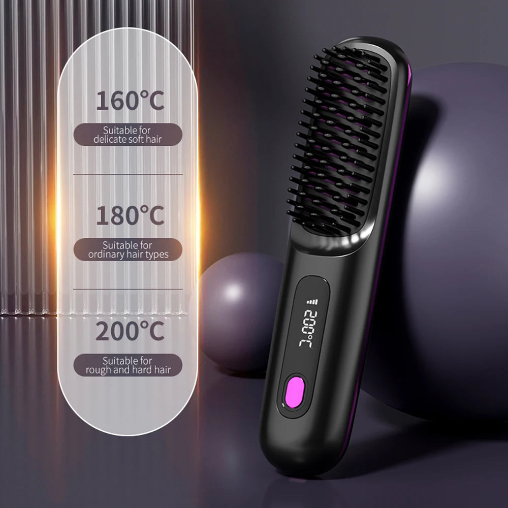 Cordless Hair Straightener Brush 3 Temperature Electric Negative Ions Ceramic Anti-Scald Heated Comb Hair Styling Tools